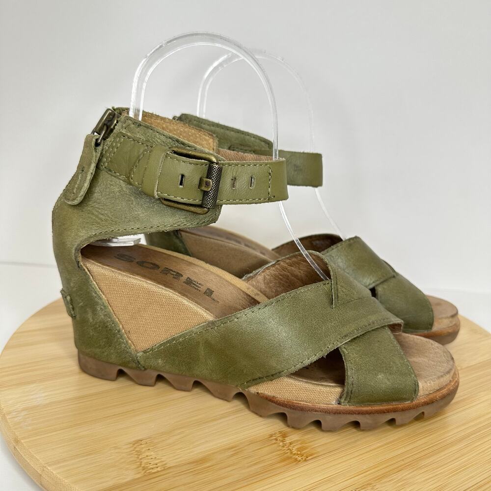 Sorel Joanie II Buckle Ankle Strap Chunky Wedge Sandals Olive Green Size 6.5